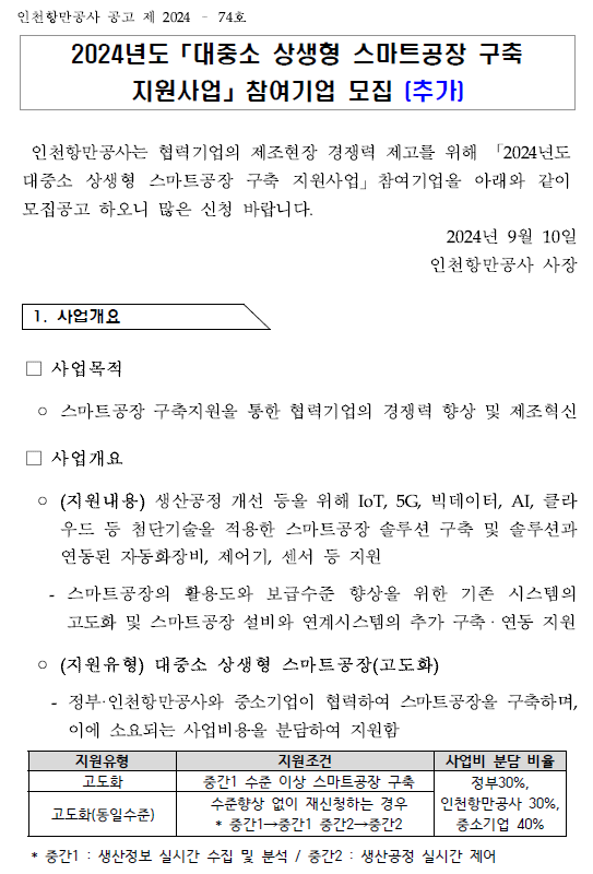 (추가모집) 2024년도 대중소 상생형 스마트공장 구축 지원사업 참여기업 추가모집.자세한 내용은 아래 참조